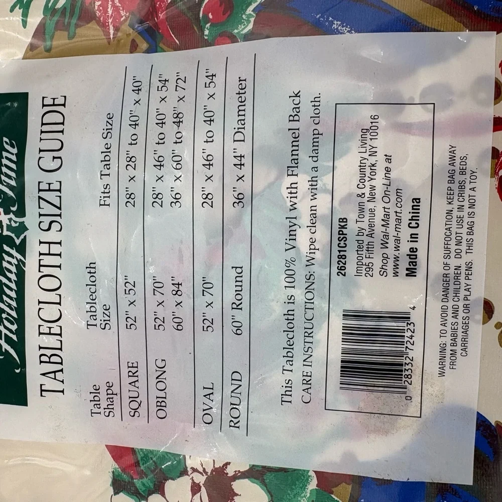 New Old Stock Vintage Holiday Time Poinsettia and Holly Flannel-Back Tablecloth